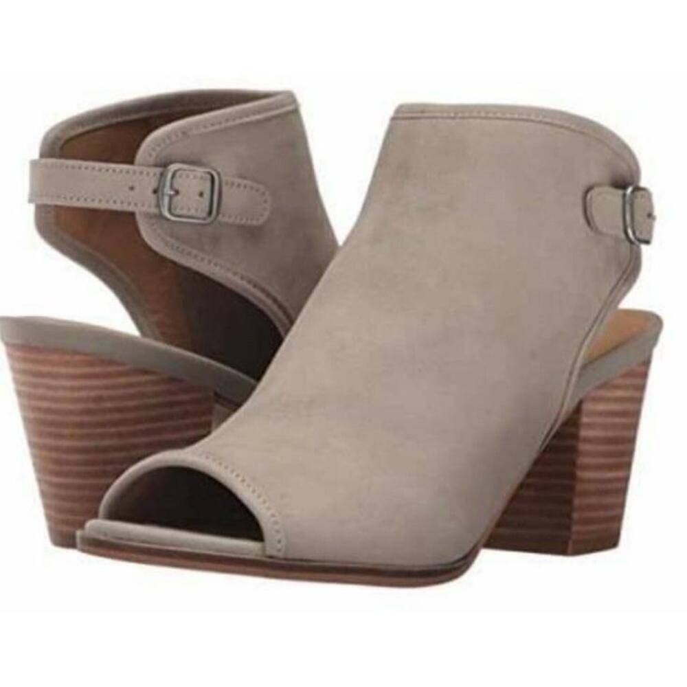 Suede Booties Boho Lucky Brand Size 7.5M Tan Peep Toe Slingback‎ Block Heel
